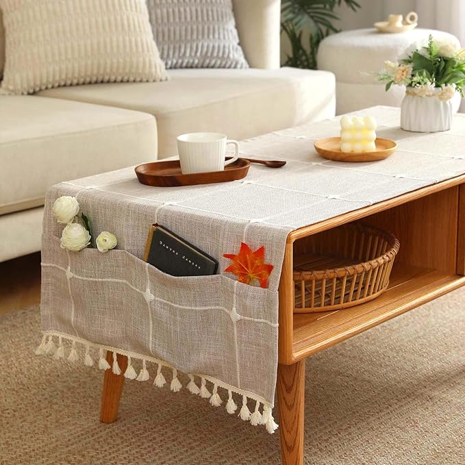 SIELUNO Rustic Farmhouse Rectangle Coffee Table Cover - Cotton Linen Waterproof Cloth With Pockets and Tassel for Living Room Decoration - Large Plaids, 20x64 Inch