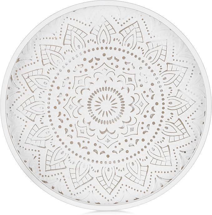 Hanobe Decorative Coffee Table Tray: Round Wood Trays for Boho Home Decor White Farmhouse Rustic Centerpiece for Living Dining Room Ottoman Kitchen Counter 12 Inch