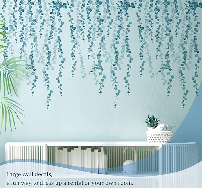 Blue Hanging String of Pearls Succulents Vine Wall Decals Peel and Stick, Large Plants Leaf Vinyl Wall Stickers, Removable Home Decor Art for Bedroom Living Room Classroom Office