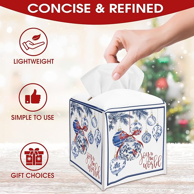 Christmas Balls Design Tissue Box Cover Holder, Blue White Leather Tissue Box Cover Square, Joy to The World Christmas Decor for Bathroom Kitchen Car Office, Porcelain Print(5.2 Inches)-B05