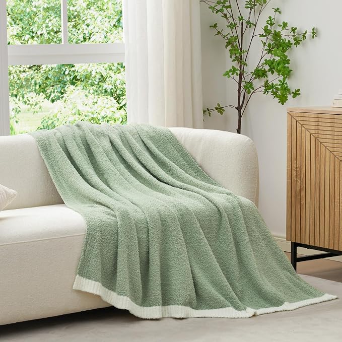 Snuggle Sac Sage Green Bedding Blankets Queen Size 90x90 inches, Reversible Microfiber Fluffy Fuzzy Soft Throw Cozy Knit Blanket for Women Mothers Birthday Gifts