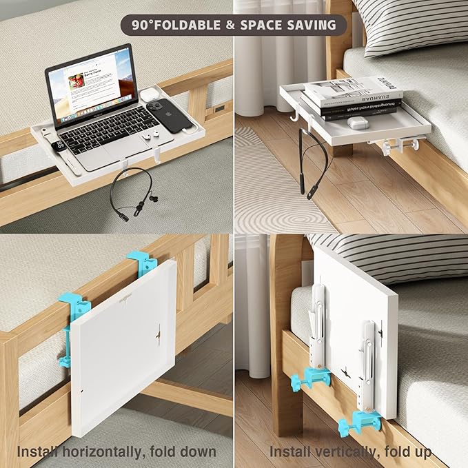 Foldable Bedside Shelf, Metal Clip-On Bunk Bed Table Shelf for Top Bunk Heavy Duty Bed Side Table Tray for College Dorm Room Essentials, Loft Nightstand Organizer Tray with 3 Cord Hole(White)