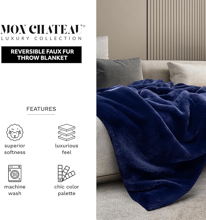 Mon Chateau 60" x 70" Hearthside Faux Fur Throw Blanket, Reversible Soft Blanket for Queen-Size Bed, Couch, or Sofa, Cozy Home Decor and Stylish Living Room Comfort, Winter Cream (Midnight Tide)