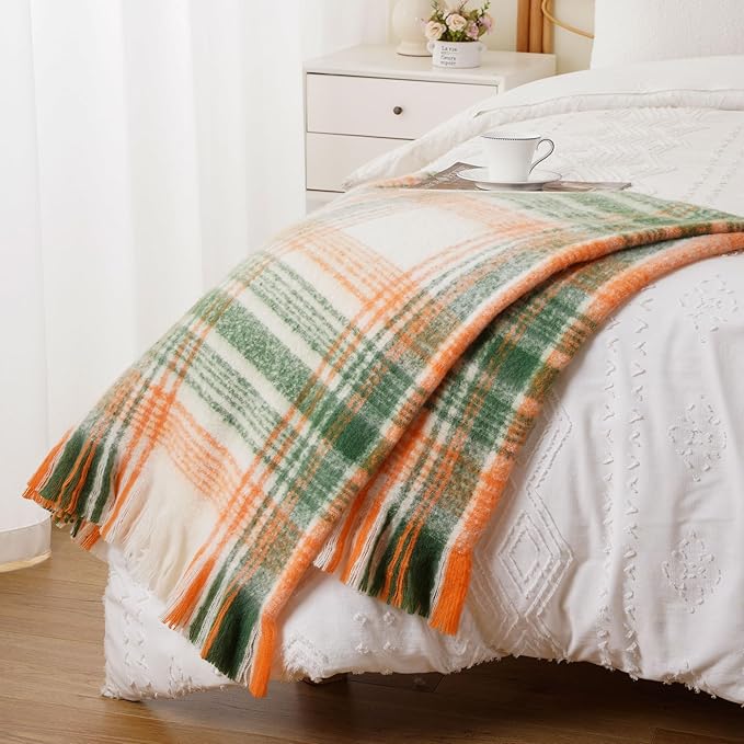 BATTILO Green Plaid Throw Blanket for Couch, Fall Mohair Tartan Plaid Blanket, Farmhouse Style Orange Throw Blankets for Home Decor(50"x60")