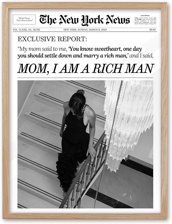 EcoHest Trendy Newspaper Framed Wall Art, 12x16 in OAK Wood Mom I Am a Rich Man Canvas Art, Magazine Girly Poster College Dorm Decor, Beige Logs Set of 1 for Bedroom Living Room