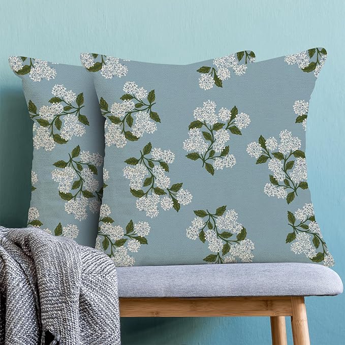 AEIOAE Spring Pillow Covers 18x18 Inch Set of 2, Baby Blue Green Hydrangea Flower Throw Pillows Case,Floral Summer Outdoor Seasonal Decorative Farmhouse Decor Cushion Covers for Home Sofa Bed Couch
