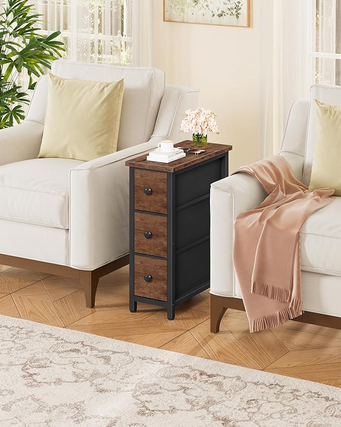 Narrow Side Table with 3 Fabric Drawers, Industrial Slim Bedside Table for Small Spaces, Bedroom, Living Room, Dormitory, Rustic Brown and Black TBZ09BF