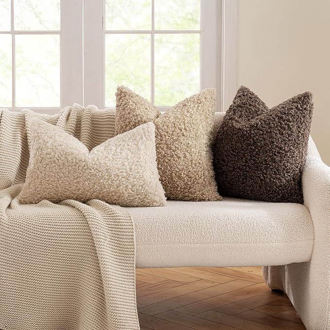 MIULEE Pack of 2 Throw Pillow Covers 24x24 Inch Neutral Light Beige Faux Fur Decorative Sherpa Pillow Covers Fuzzy Accent Soft Sheepskin Fleece Cushion Cases for Boho Home Decor Couch Living Room Bed