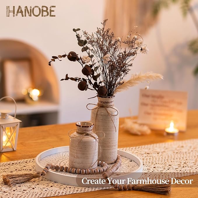 Hanobe Decorative Coffee Table Tray: Round Wood Trays for Boho Home Decor White Farmhouse Rustic Centerpiece for Living Dining Room Ottoman Kitchen Counter 12 Inch