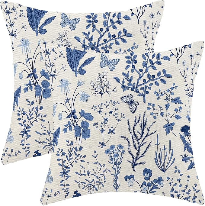 AEIOAE Summer Pillow Covers 22x22 Inch Set of 2,Navy Blue Wild Flower Plant Throw Pillows Case,Seasonal Floral Outdoor Decorative Square Linen Farmhouse Decor Cushion Covers for Home Couch Sofa Bed