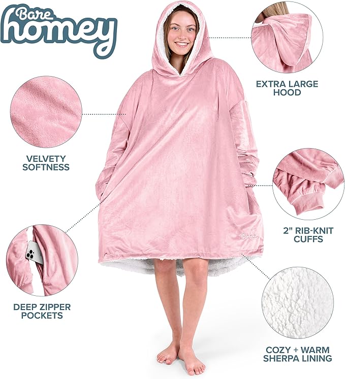 Bare Home Wearable Blanket Hoodie - Soft Plush Sherpa - Warm and Cozy - Oversized Wearable Blanket - Adult & Kid Sizes
