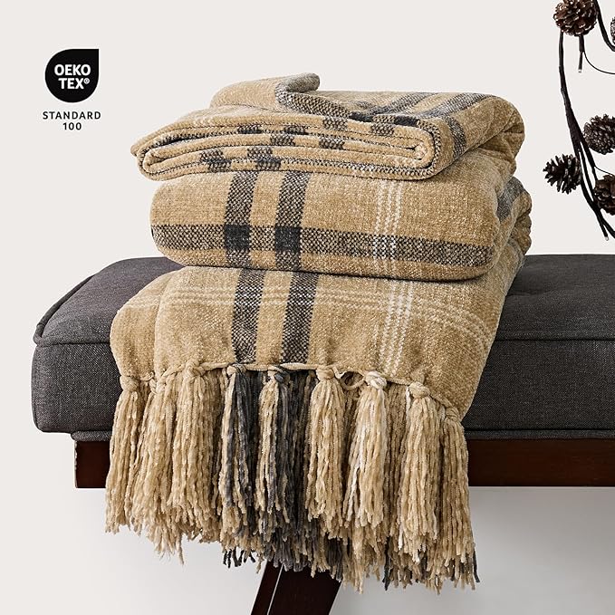 EverGrace Plaid Chenille Throw Blanket for Couch, Super Soft Cozy Decorative Farmhouse Plaid Throw with Tassels, Lightweight Chenille Knit Throw for Bed Sofa Gift Home Decor, Khaki Grey 50”x60”