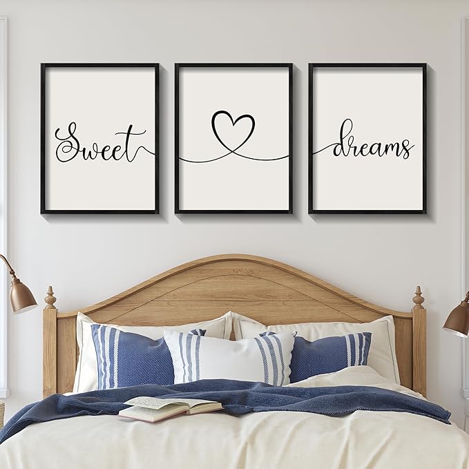 Ronasip Sweet Dreams Wall Decor for Bedroom Set of 3 Framed Wall Art for Farmhouse Rustic Home Master Bedroom Decor (11”x14”, Black)