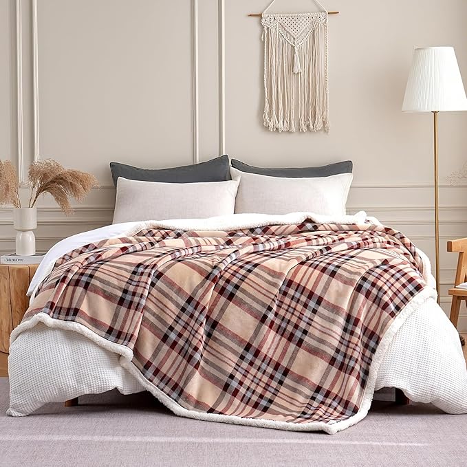 Sherpa Blanket Throw Blanket for Couch Sherpa Fleece Blanket Fluffy Checkered Soft Blanket for All Season Use Cozy Thick Warm Big Throws (Beige-Plaid, 60"*80")