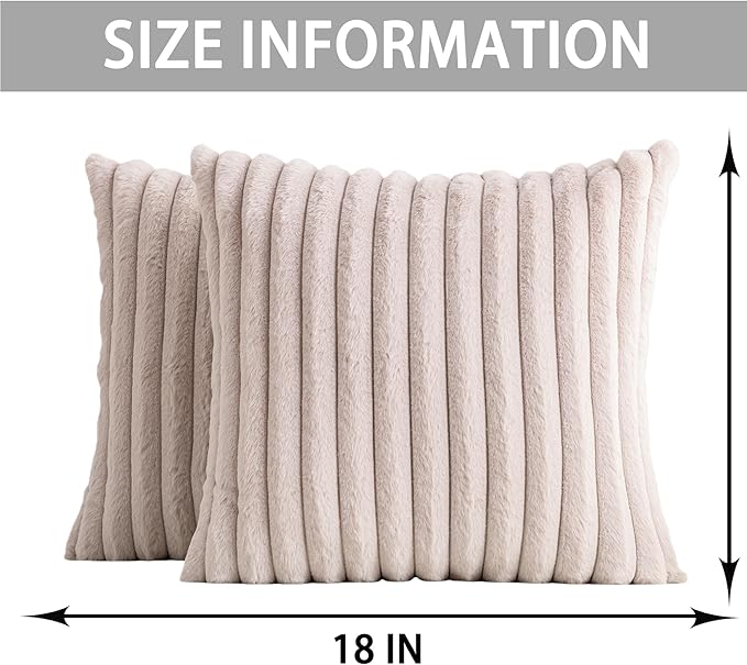 Aegero Pack of 2 Faux Fur Christmas Throw Pillow Covers 18x18 Inch, Soft Plush Striped Neutral Couch Pillow Cover, with Velvet Back Modern Home Decor for Sofa Living Room Couch Bed Light Grey