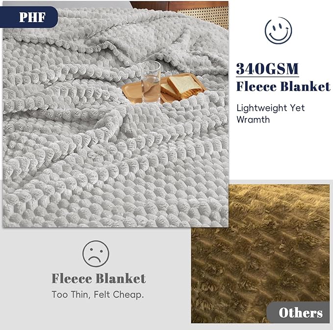 PHF Ultra Soft Flannel Fleece Blanket Queen Size, Lightweight 3D Jacquard Fleece Blanket, No Shedding, No Pilling, Luxury 340GSM Aesthetic Fluffy Cozy for Bed Room Decor, 90"x90", Light Grey