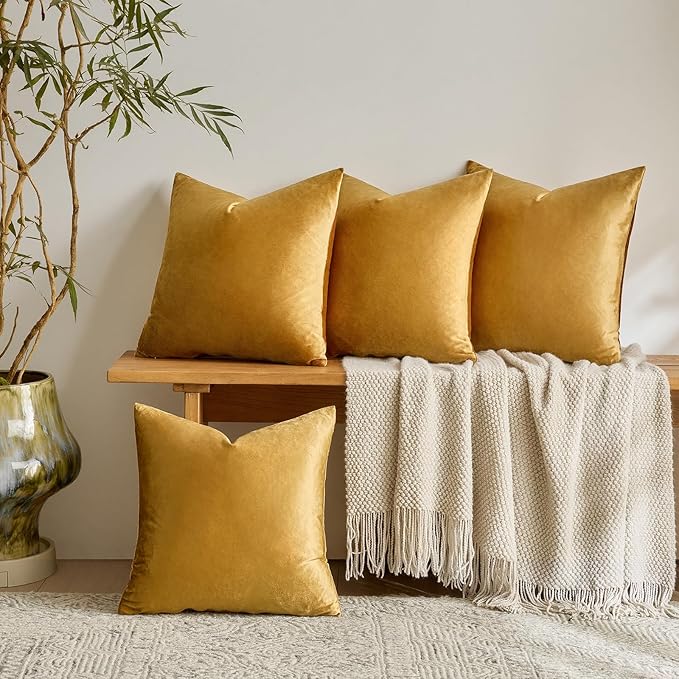 GIGIZAZA Decorative Pillow Covers 20x20: Pack of 4 Soft Throw Pillows Square Golden Covers - Velvet Solid Luxury Couch Cushion Covers for Living Room,Bedroom,Sofa,Room Decor