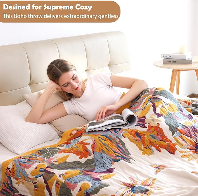 King Extra Large Boho Throw Blanket Oversized 91" x 108", 100% Organic Cotton Soft Bed Throw - Floral Bird Butterfly Pattern Farmhouse Blanket for Couch Sofa Chair and Gift.