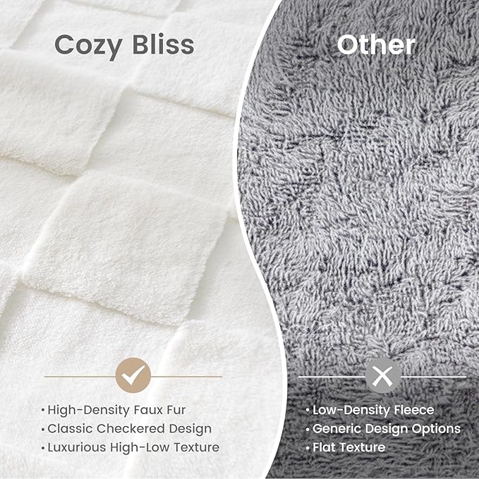 Cozy Bliss Checkered Faux Rabbit Fur Blanket Queen Size for Bed, Soft Fuzzy Blankets for Women Men, Large Furry Fleece Throw for Bedroom Decor (Ivory, 90'' x 90'')