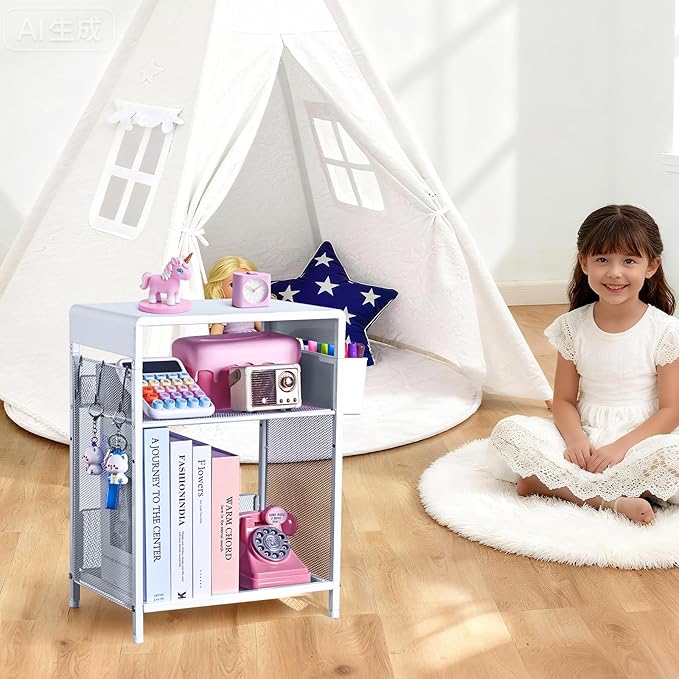 Kids Nightstand, 3-Tier Metal Side Table with Adjustable Storage Shelf, Basket & 3 S-Hooks, Small Bedside Table for Nursery, Toddler Bedroom and Small Spaces (White)