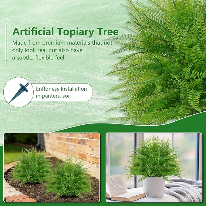 Artificial Fern Topiary Ball with Ground Spike, Set of 2 Faux Boston Fern Plants Shrub, Fake UV Resistant Evergreen Bushes for Porch Garden Indoor Outdoor Decor