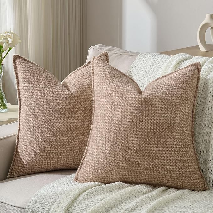 FUTEI Camel Decorative Throw Pillow Covers 16x16 Inch Set of 2,Soft Houndstooth Gingham Textured Cushion Case,Modern Home Decor for Couch Bed Living Room