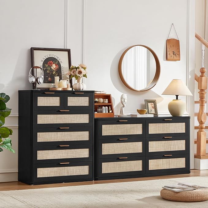 LEYAOYAO Rattan Dresser for Bedroom Set of 2, 42" Tall Chest of Drawers, Modern 6 Drawers Boho Dressers with Storage, Light Oak Dresser Wooden Closet Organizer for Living Room, Hallway, Black
