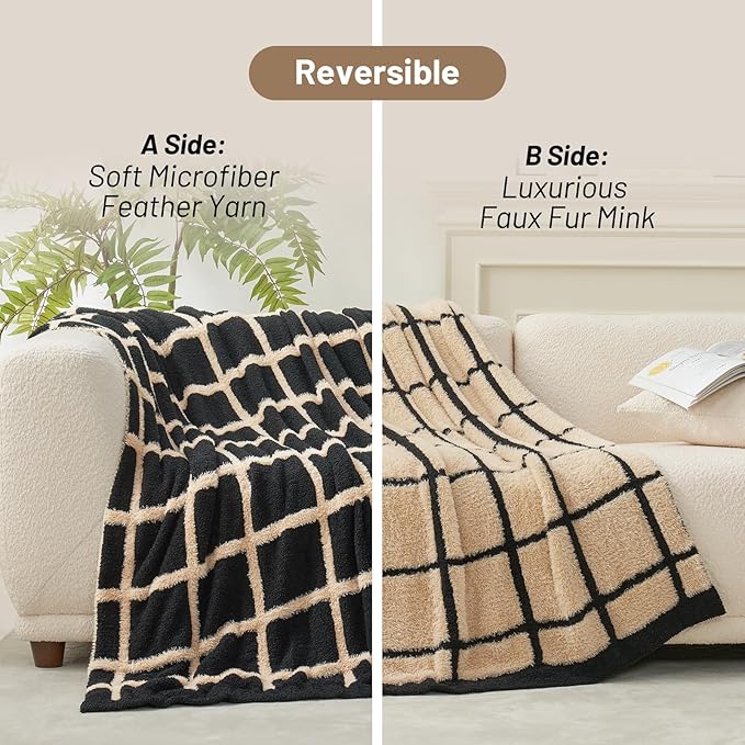 Amélie Home Checkered Knit Throw Blanket for Couch, Super Soft Fuzzy Cozy Throw, Giftable Knitted Blanket for Women Men, Birthday, Sofa Bed Living Room Decor, 50" x 60", Plaid Black