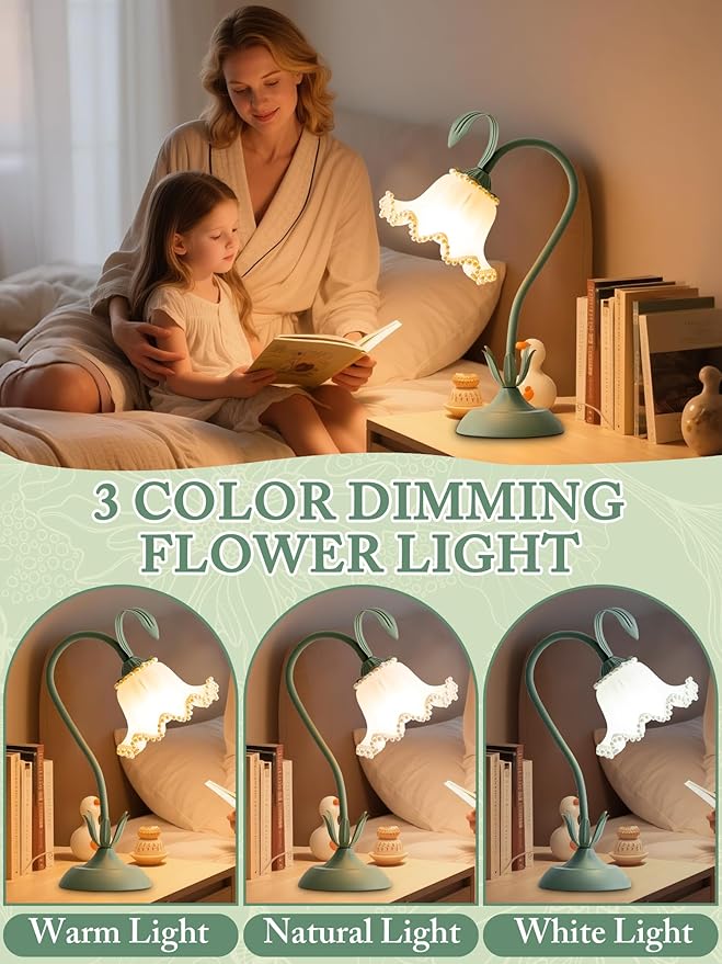 Flower Table Lamp,LED Reading Light Bedside Vintage Flower Night Light,3 Colors Modes Kawaii Bedside Lamps Decor,Living Room Bedroom Room Lighting Table Lamps Home Decoration (Green Pearls)
