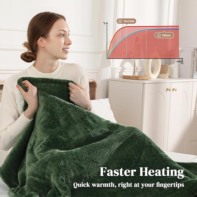 Heated Blanket King Size 90"x100" Electric Blanket King with Dual Control 5 Heat Settings, 10H Auto Off, FCC/ETL Certified, Wheat Pattern Flannel, Grandma, Machine Washable, Green