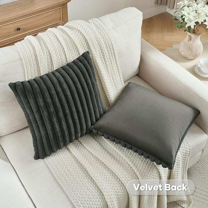 FUTEI Dark Grey Decorative Throw Pillow Covers Set of 2, 16x16 Inch Soft Fluffy Faux Fur Plush Striped Cushion Cases, Modern Home Decor for Couch Bed Living Room