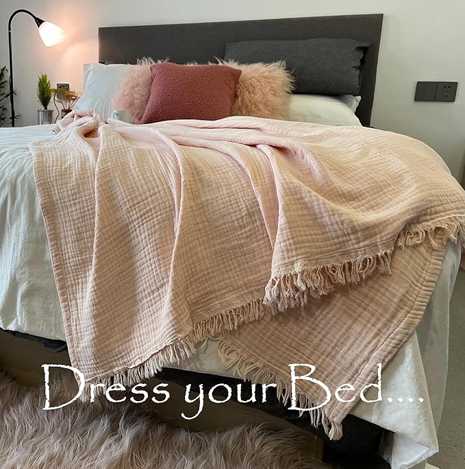 KyraHome 100% Organic Cotton Muslin Throw Blanket for Couch, Girls, Adults, Kids, 50"x60", Plant Dyed, Breathable Lightweight Soft Gauze Blanket, All Season (Soft Pink)