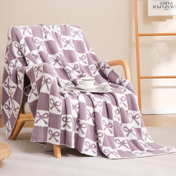 YIRUIO Purple Checkered Knit Throw Blanket - with Bow Pattern for Women Daughter & Son, 50x60 Size Ultra Soft Microfiber Reversible,Fluffy Fuzzy Cozy Throw for Bed, Sofa & Couch, Home Decor