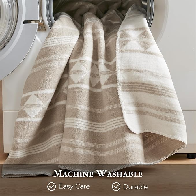 Woolrich Cotton Blend Jacquard Blanket with Whipstitch Edge, Lightweight All-Season Bed Blanket, Machine Washable, Oeko-TEX Certified, Ivory Stripe, Full/Queen