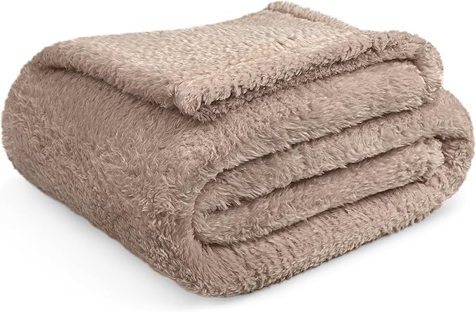 PAVILIA Sherpa Throw Blanket for Couch Sofa, Taupe Tan Fluffy Warm Plush Blanket for Bed, Cozy Super Soft Lightweight Throw, Fuzzy Decorative Blanket, All Season Home, 50x60