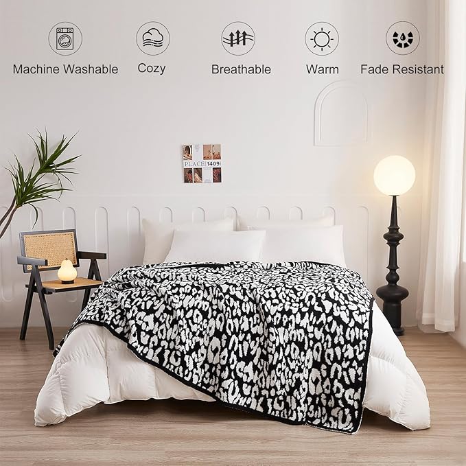 MH MYLUNE HOME Ultra Soft Leopard Throw Blanket (50x60 inches) Microfiber Blanket Plush Warm Reversible Cheetah Blanket Leopard Pattern Throw for Couch Bed Sofa - Black and White, 50"x60"