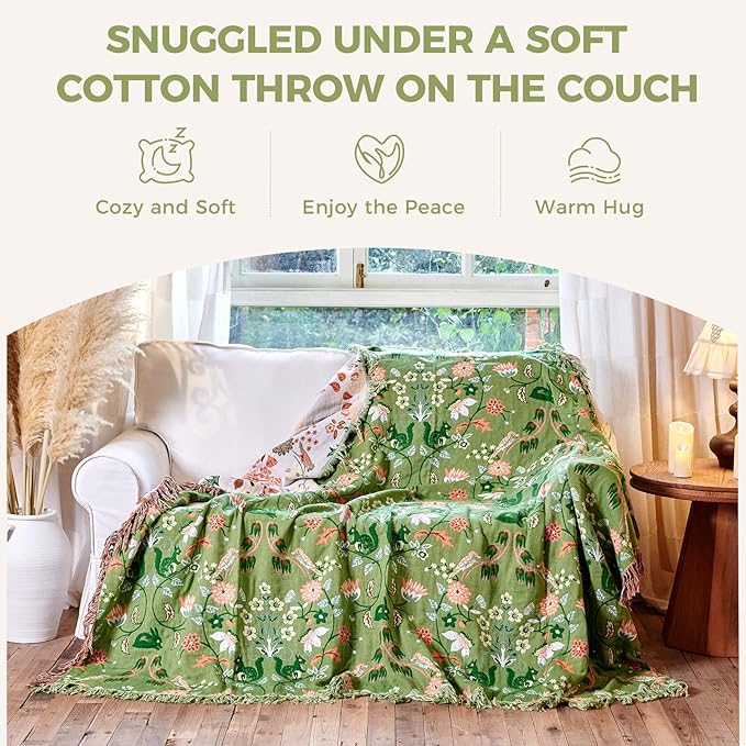 Boho Throw Blanket for Bed 100% Cotton Soft Breathable Quilt Room Decor Bed Blankets,Floral Garden Embroidery All Season Green Reversible Blankets for Sofa Couch Chair 80"x90"