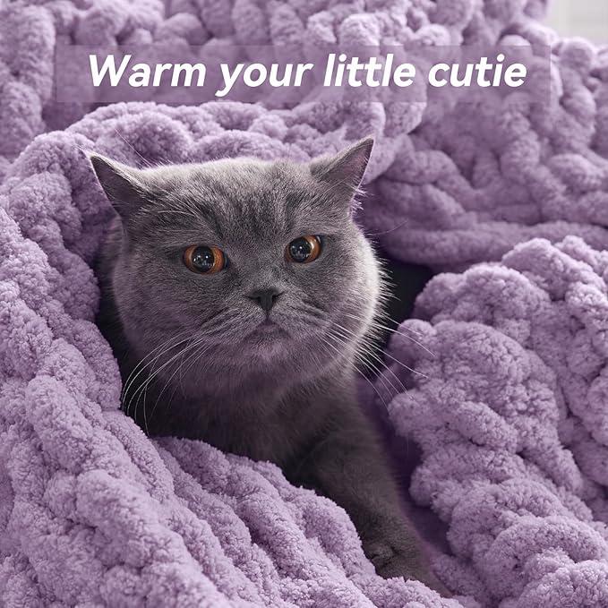 Chunky Knit Throw Blanket, 80''*90'' Knitted Throw Chenille Yarn for Bed Couch, Handmade Light Purple Crochet Big Thick Blanket, Machine Washable Cute Comfy Blanket for Home Decor
