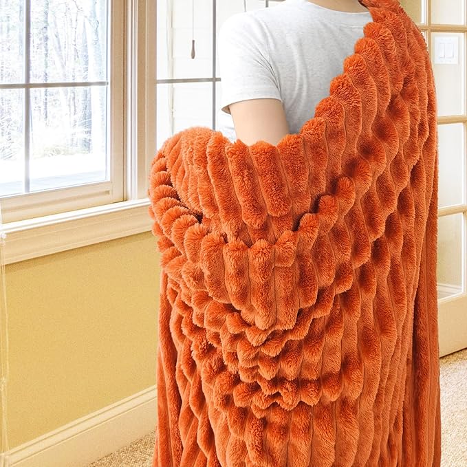 Vessia Flannel Fleece Throw Blanket for Couch,Sofa,Bed, 300GSM Striped Orange Throw Blanket for Adults and Kids, Super Soft Warm Cozy Lightweight Home Decor for All-Season(50x70inch)