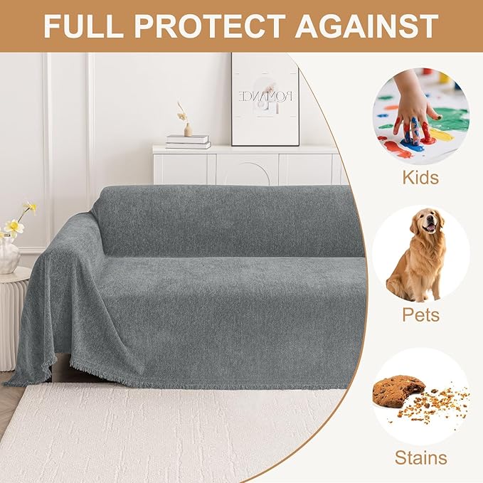 Smiry Couch Cover for Dogs, Washable Chenille Sofa Covers for 3 Cushion Couch, Soft Sofa Slipcover for Pets, Thick Sectional Furniture Protector with Tassels (Grey, 71x102 Inch)