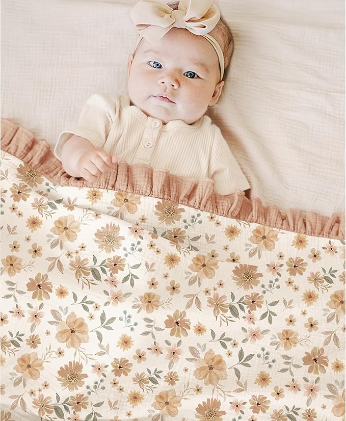 Konssy Flounce Muslin Baby Blanket for Girls Boys, 100% Cotton Soft Crib Swaddle Blankets, Reversible & Breathable Nursery Bedding for Newborns Toddlers, 40 x 36 Inches (Flourish)