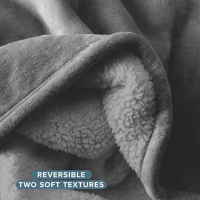 Bare Home Sherpa Fleece Blanket - Full/Queen Size - Blanket for Bed, Sofa, and Couch - Warm & Lightweight - Fluffy & Soft - Reversible (Full/Queen, Grey with Grey Sherpa)