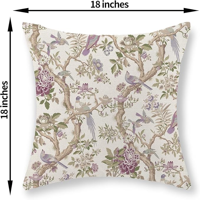 Chinoiserie Pillow Covers 18x18 Set of 2 Purple Green Floral Bird Throw Pillows Vintage Flowers Bird Decorative Pillow Cases Outdoor Chinoiserie Decor Farmhouse Cushion Case for Couch Sofa