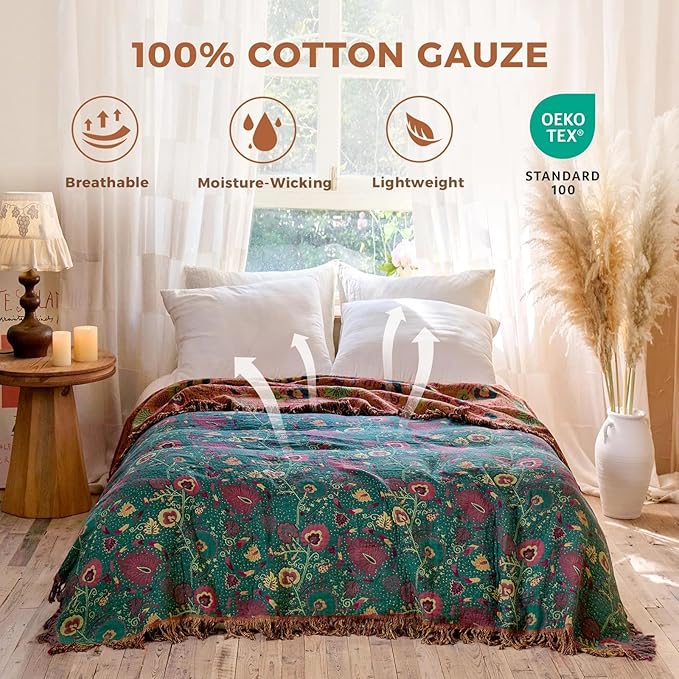 Boho Throw Blanket for Bed 100% Cotton Soft Lightweight Quilt Home Decor Spring Bed Blanket,Floral Embroidery Reversible All Season Bohemian Breathable Twin Throws for Sofa Couch Chair 60"x80"