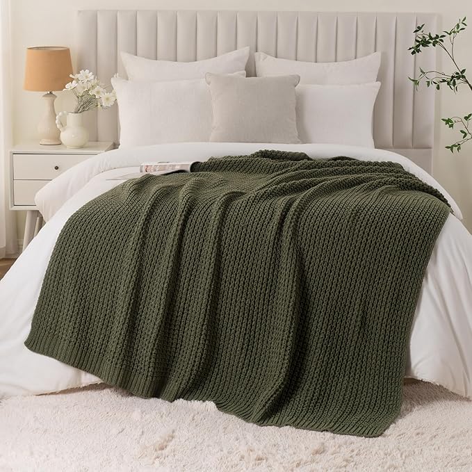 Bunnikins & Clover Olive Green Throw Blanket for Couch, Waffle Knit Blanket Throw, Super Soft Warm Dark Green Throw Blanket for Home Decor,Sofa and Living Room, 50"x60"