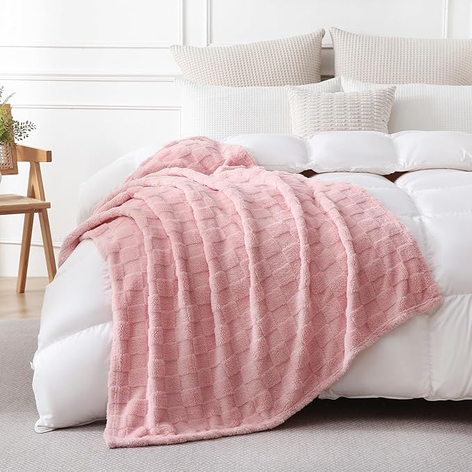 Light Pink Fleece Throw Blanket 60”×80” for Couch Sofa Bed,Super Soft Cozy Plush Microfiber Flannel Blanket with 3D Checkered Design Lightweight for Adults,Woman,Girls