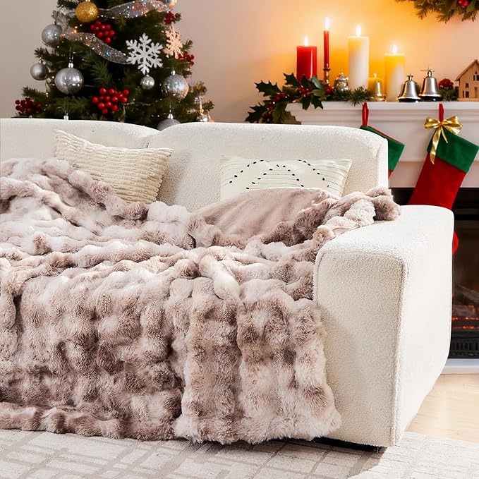 Lotus Karen Faux Fur Throw Blanket Tie-Dye Beige - Big Bubble Rabbit Fluff Blanket for Couch, Large Fluffy Fuzzy Cozy Blankets,Thick Furry Plush Shaggy Blankets,90x90 Inches
