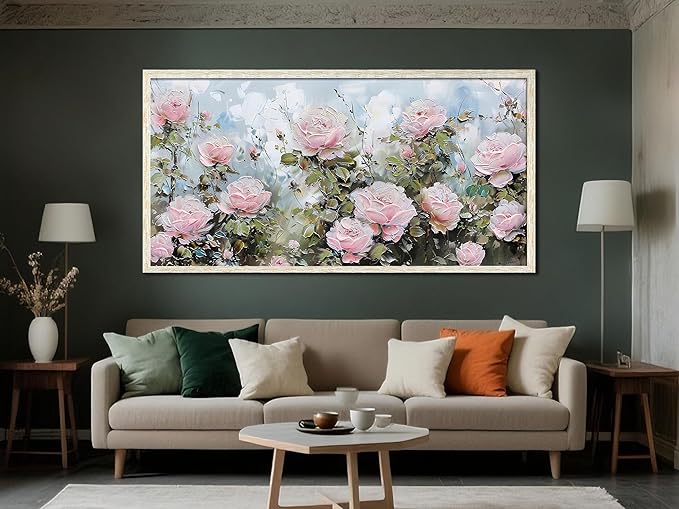 Ardemy Pink Rose Wall Art Canvas for Living Room, Extra Large Framed Flower Painting Modern Textured Floral Bedroom Picture Artwork Home Office Kitchen Decor 58"x29"