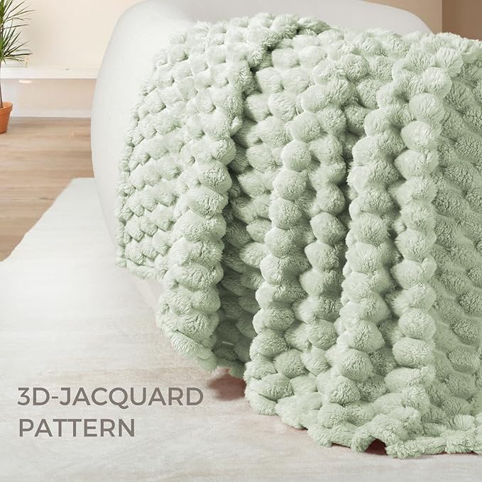 Whale Flotilla Queen Size Blanket for Bed with Jacquard Pattern, Fuzzy Soft Cozy Exquisite Blankets for All Season, Warm and Fluffy, 90x90 Inch, Sage Green