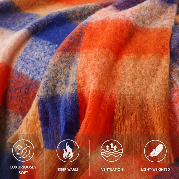 BATTILO Fall Orange Plaid Throw Blanket for Couch, Colorful Mohair Tartan Plaid Blanket, Farmhouse Style Throw Blankets for Fall Home Decor(50"x60")